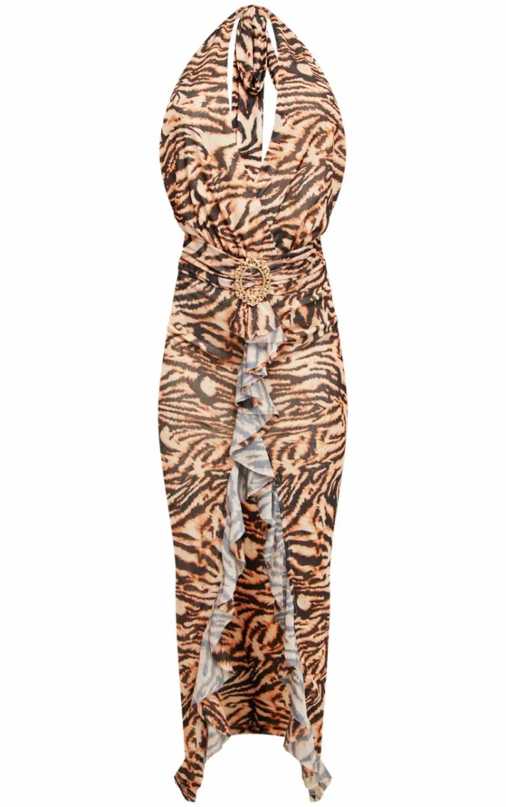 Brown Zebra Printed Mesh Halter Neck Midaxi Dress