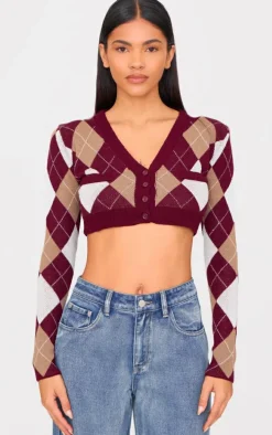 Burgundy Argyle Jacquard Knitted V Neck Cropped Cardigan