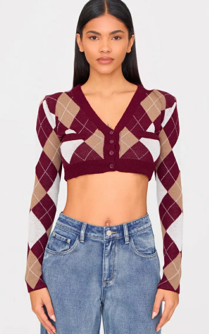Burgundy Argyle Jacquard Knitted V Neck Cropped Cardigan