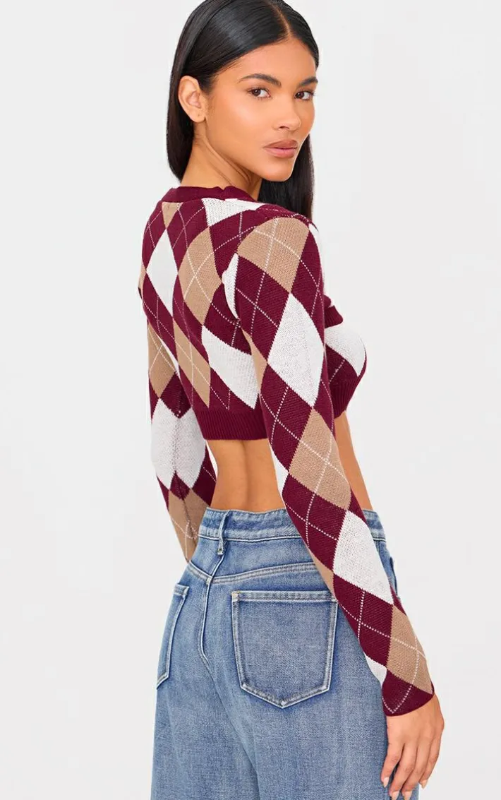 Burgundy Argyle Jacquard Knitted V Neck Cropped Cardigan