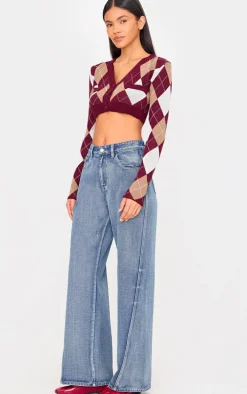 Burgundy Argyle Jacquard Knitted V Neck Cropped Cardigan