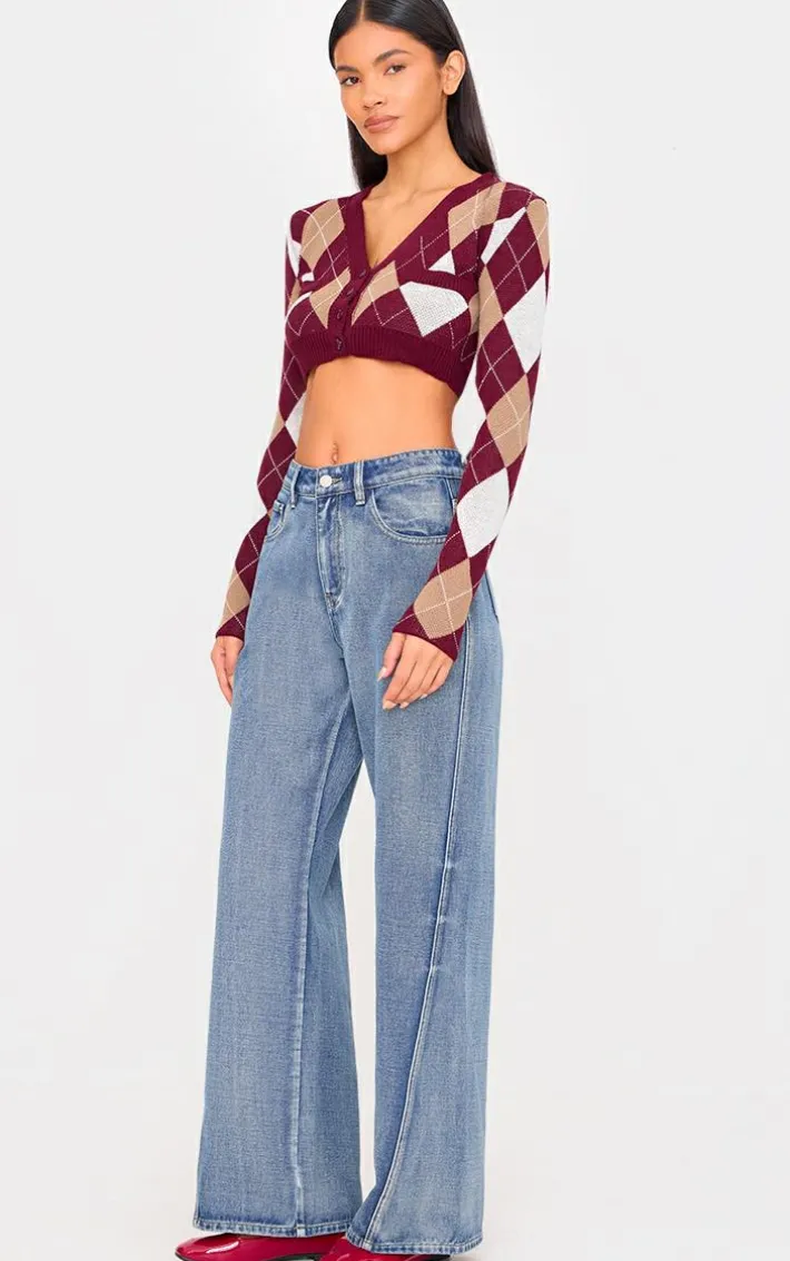 Burgundy Argyle Jacquard Knitted V Neck Cropped Cardigan