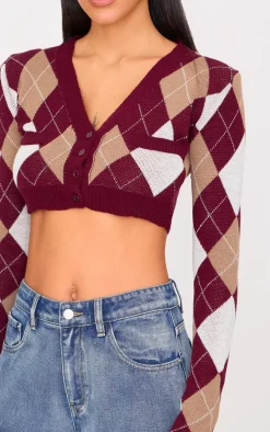 Burgundy Argyle Jacquard Knitted V Neck Cropped Cardigan