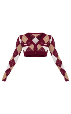 Burgundy Argyle Jacquard Knitted V Neck Cropped Cardigan