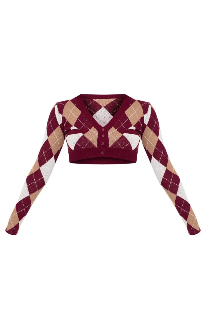 Burgundy Argyle Jacquard Knitted V Neck Cropped Cardigan