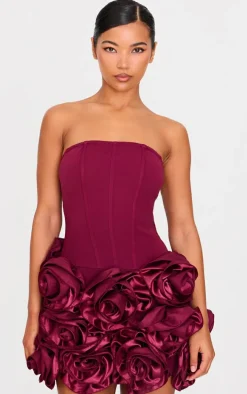 Burgundy Boned Corset Flower Detail Bodycon Dress