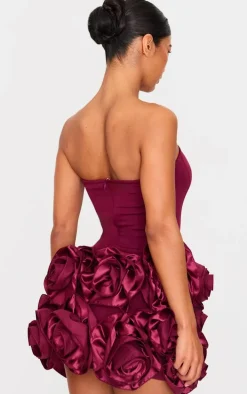 Burgundy Boned Corset Flower Detail Bodycon Dress