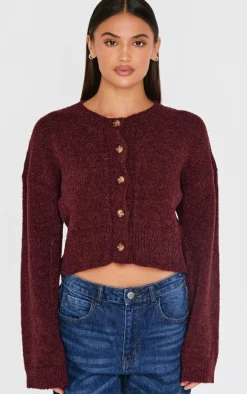 Burgundy Boucle Knit Button Through Cropped Cardigan