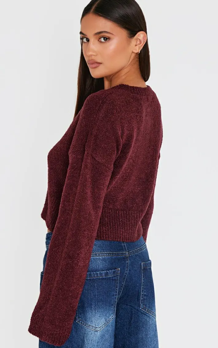 Burgundy Boucle Knit Button Through Cropped Cardigan