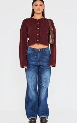Burgundy Boucle Knit Button Through Cropped Cardigan