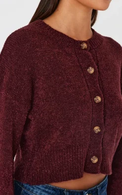 Burgundy Boucle Knit Button Through Cropped Cardigan