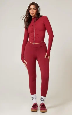 Burgundy Brushed Sculpt Ruched Bum High Waist Sport Leggings