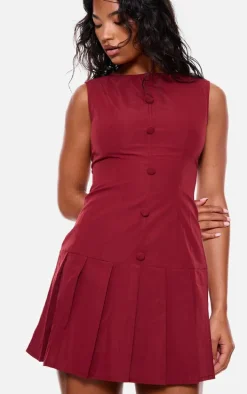 Burgundy Button Down Pleated Hem Shift Dress