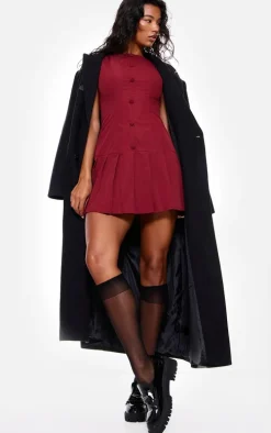 Burgundy Button Down Pleated Hem Shift Dress