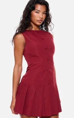 Burgundy Button Down Pleated Hem Shift Dress