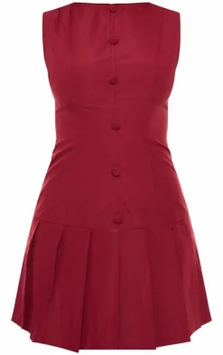 Burgundy Button Down Pleated Hem Shift Dress