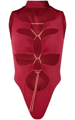 Burgundy Chain Detail Cut Out High Leg Swimsuit