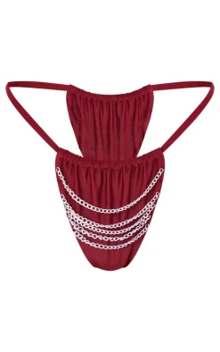 Burgundy Chain Detail Tanga Bikini Bottoms