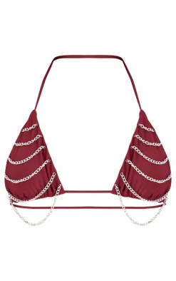 Burgundy Chain Detail Triangle Bikini Top