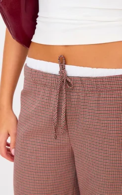 Burgundy Check Print Boxer Waistband Detail Straight Leg Pants