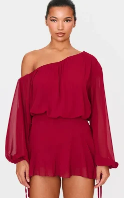 Burgundy Chiffon One Shoulder Floaty Skort Romper