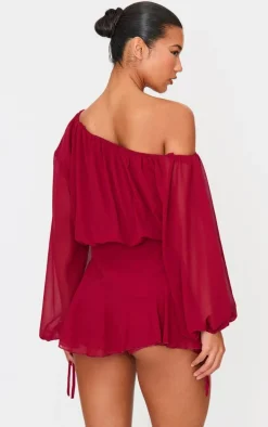 Burgundy Chiffon One Shoulder Floaty Skort Romper