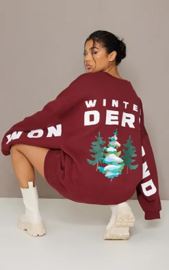Burgundy Christmas Printed Graphic Oversized Sweat Dress