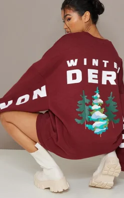 Burgundy Christmas Printed Graphic Oversized Sweat Dress