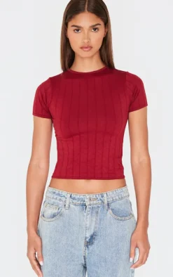 Burgundy Contour Pointelle Crew Neck Short Sleeve Long Top