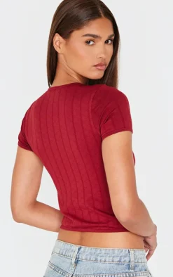 Burgundy Contour Pointelle Crew Neck Short Sleeve Long Top