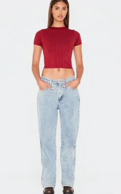 Burgundy Contour Pointelle Crew Neck Short Sleeve Long Top