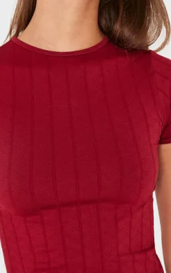 Burgundy Contour Pointelle Crew Neck Short Sleeve Long Top