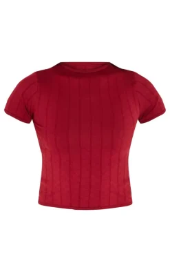 Burgundy Contour Pointelle Crew Neck Short Sleeve Long Top