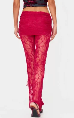 Burgundy Corsage Detail Straight Leg Lace Pants