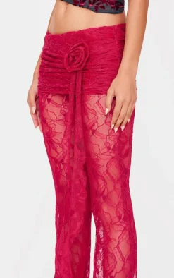 Burgundy Corsage Detail Straight Leg Lace Pants