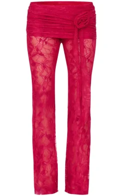Burgundy Corsage Detail Straight Leg Lace Pants