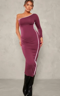 Burgundy Cotton Contrast Seam One Shoulder Midaxi Dress