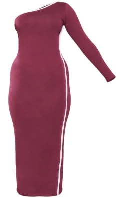 Burgundy Cotton Contrast Seam One Shoulder Midaxi Dress