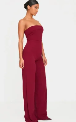 Burgundy Crepe Fold Over Detail Wide Leg Jumpsuit