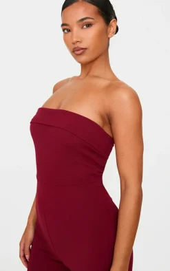 Burgundy Crepe Fold Over Detail Wide Leg Jumpsuit