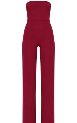 Burgundy Crepe Fold Over Detail Wide Leg Jumpsuit