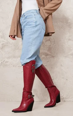 Burgundy Croc PU Point Toe High Block Heel Knee High Western Boots