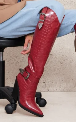 Burgundy Croc PU Point Toe High Block Heel Knee High Western Boots
