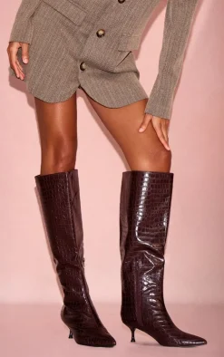 Burgundy Croc PU Point Toe Low Heel Knee High Boots