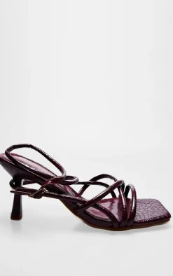 Burgundy Croc PU Square Toe Tube Strappy Mid Stiletto Heeled Sandals