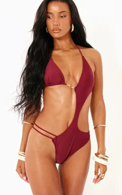 Burgundy Cut Out Diamante Trim Swimsuit