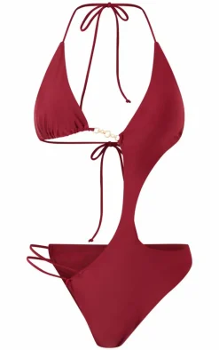 Burgundy Cut Out Diamante Trim Swimsuit