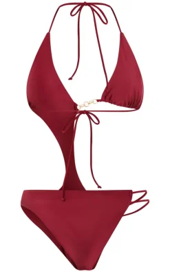 Burgundy Cut Out Diamante Trim Swimsuit