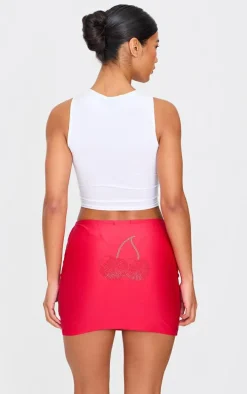 Burgundy Diamante Cherry Detail Jersey Mini Skirt