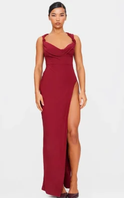 Burgundy Double Layer Draped Knotted Split Maxi Dress